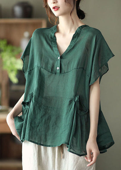 Green V Neck Button Fall Short Sleeve Blouse Top