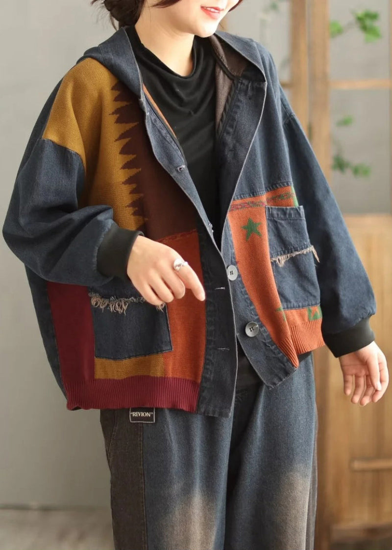 Blue Hooded Pockets Patchwork Denim Coat Spring