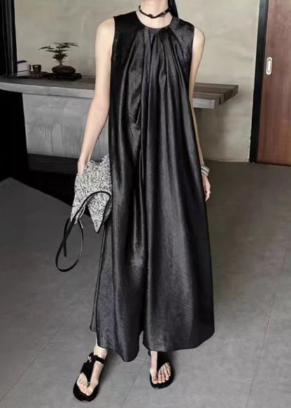 French Apricot O-neck Silk Long Dress Sleeveless