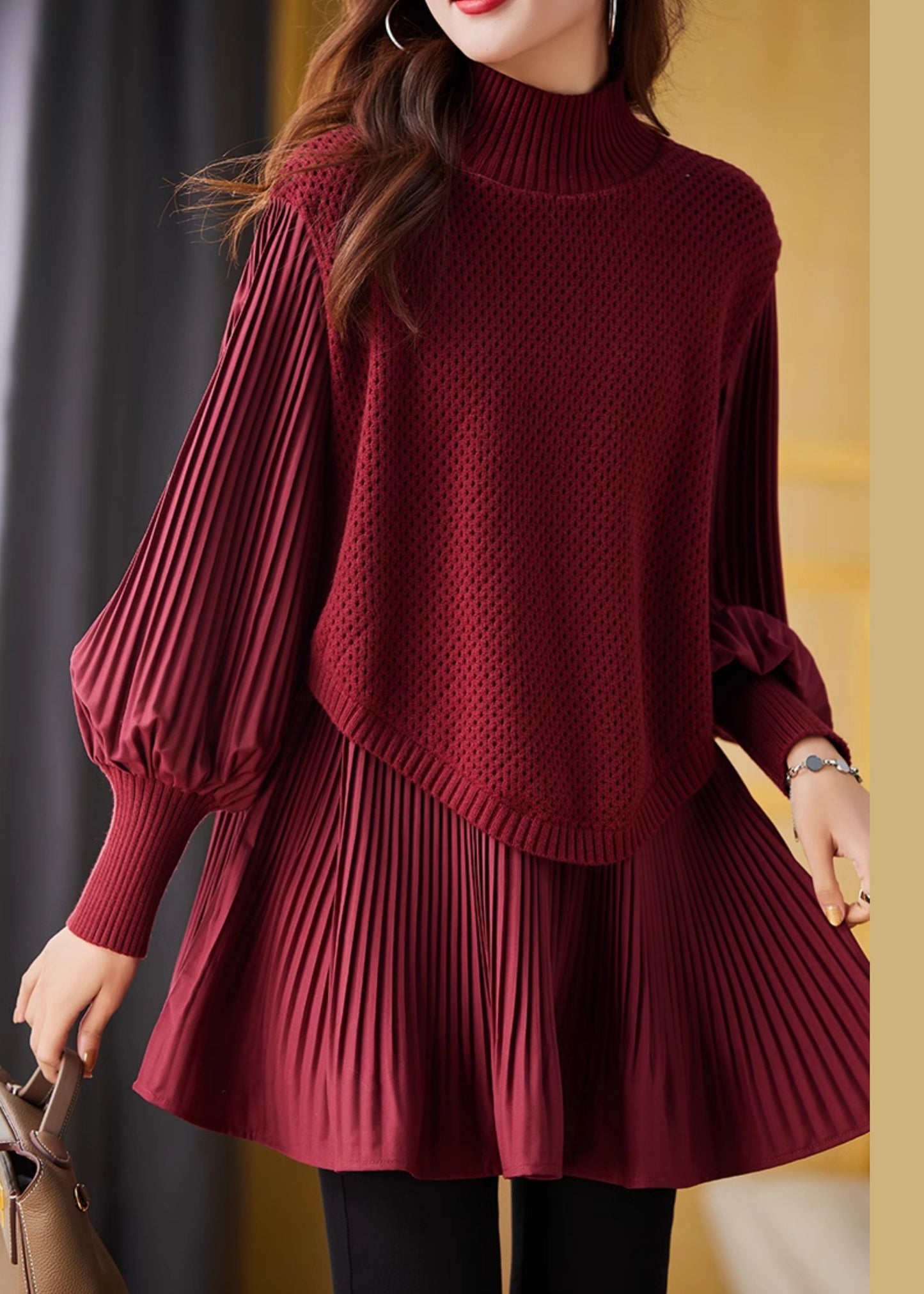Red High Neck Patchwork Knit Pleated Shirts Spring