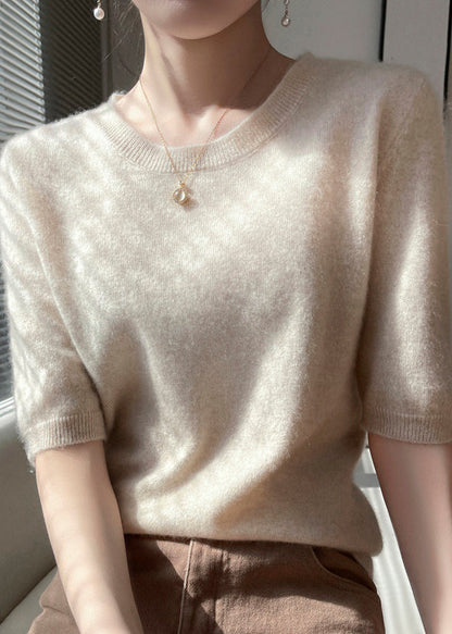 Apricot O Neck Cashmere Sweater Tops Half Sleeve