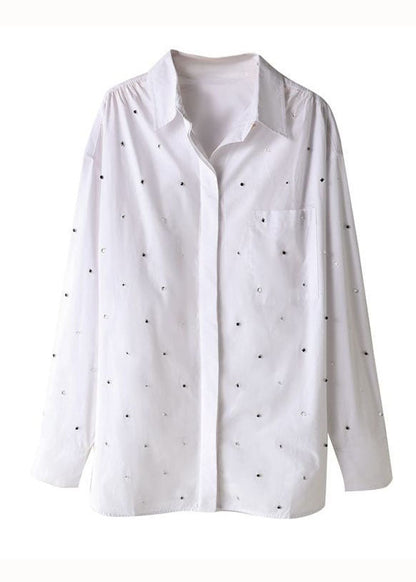 Simple White Peter Pan Collar Zircon Patchwork Cotton Shirts Top Spring