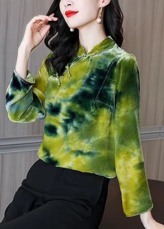 Green Button Mandarin Collar Velour Top Long Sleeve