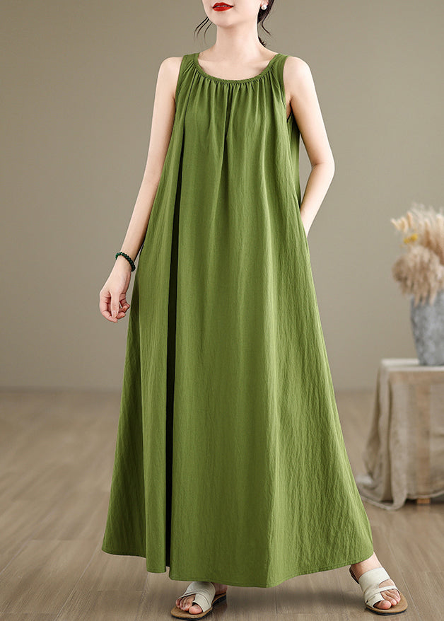 Loose Green Wrinkled Cotton Maxi Dresses Sleeveless