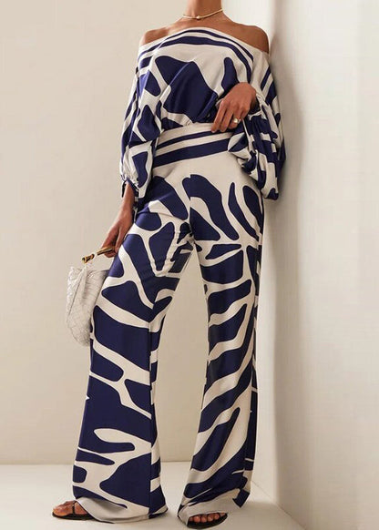 European and American Style Rose Slash Neck Print Silk Two Pieces Set Batwing Sleeve