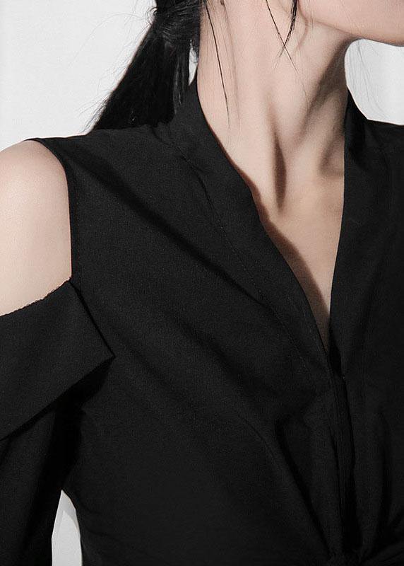 Organic Black Cold Shoulder V Neck Long Sleeve Top