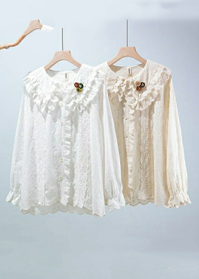 Beige Embroideried Button Cotton Blouses Long Sleeve
