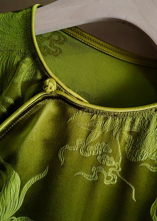 Modern Green O-neck Jacquard Patchwork Silk Tops Spring