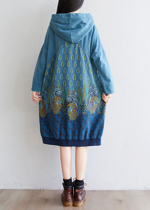 Blue Pullover Dresses Drawstring Hooded Spring