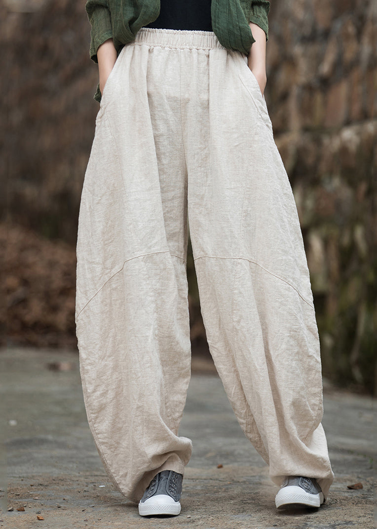 Beige Pockets Patchwork Linen Lantern Pants Elastic Waist Fall