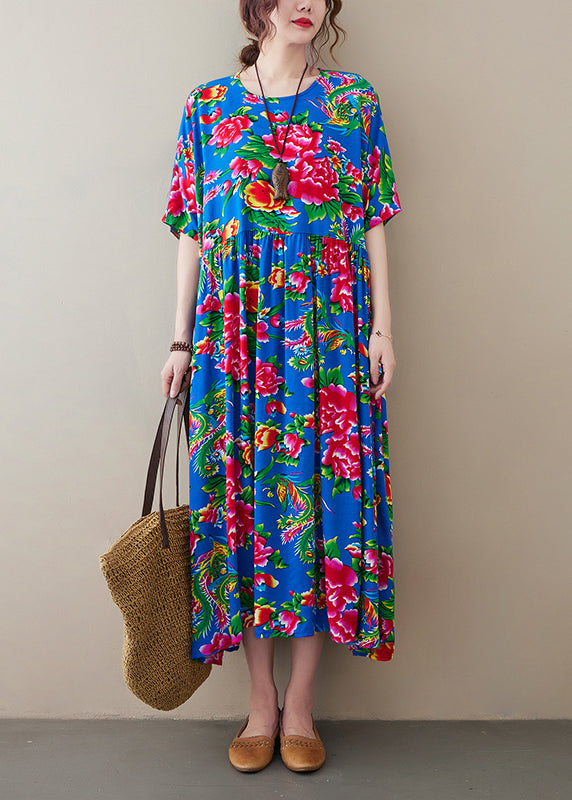 Blue O-neck Wrinkled Print Long Dress Short Sleeve
