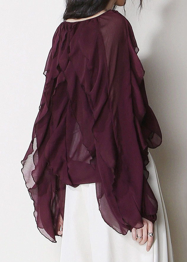 Mulberry V Neck Ruffled Patchwork Chiffon Blouses Summer
