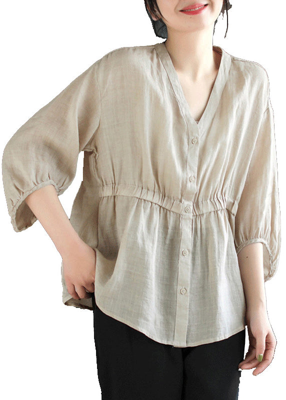 Light Camel V Neck Button Linen Blouses Summer