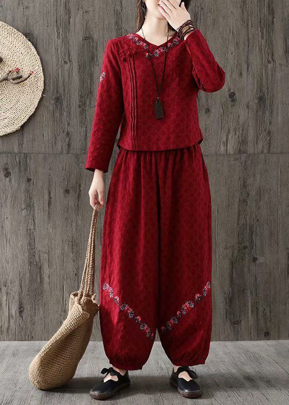 Red V Neck Wrinkled Embroideried Cotton Two Piece Set Spring