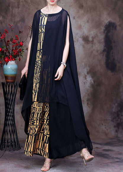 Italian Black Asymmetrical Print Chiffon Top and Wide Leg Pant Two Piece Suit Set Summer