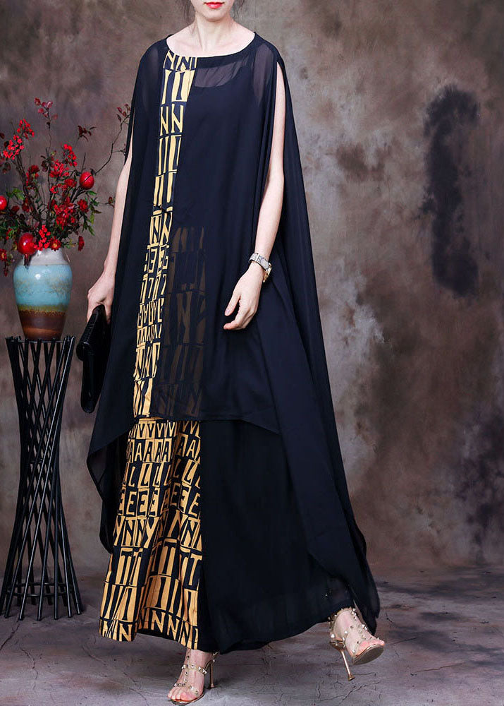 Italian Black Asymmetrical Print Chiffon Top and Wide Leg Pant Two Piece Suit Set Summer