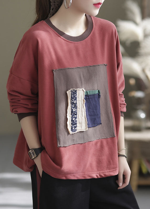 Red O-neck Patch Applique Cotton Shirt Spring