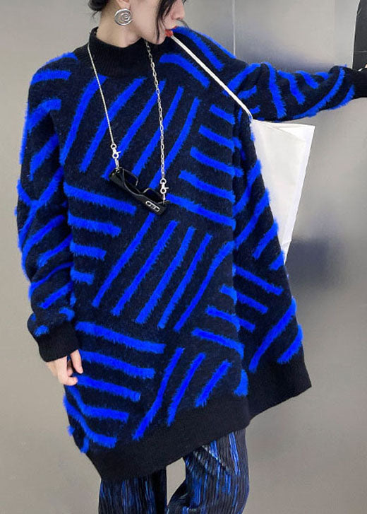 Blue Striped Mink Velvet Fall Knit Sweaters