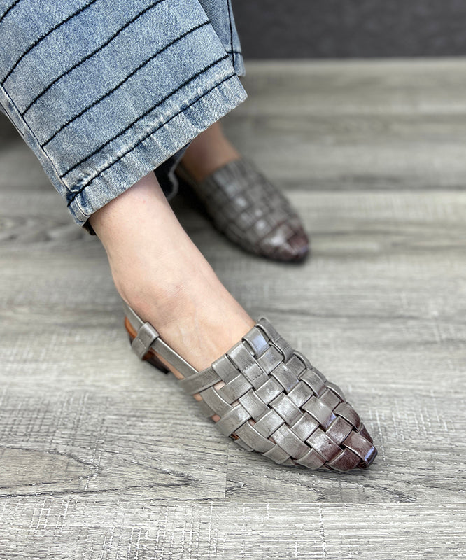 Splicing Chunky Hollow Out Sandals Grey Cowhide Leather