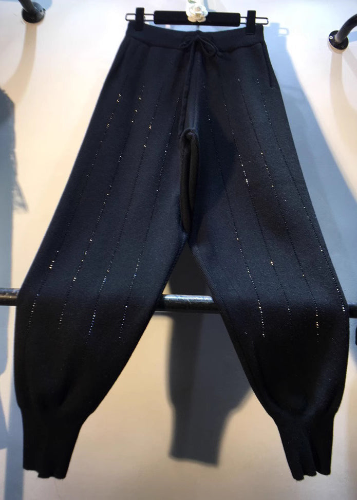 Black Elastic Waist Zircon Knit Harem Pants Spring