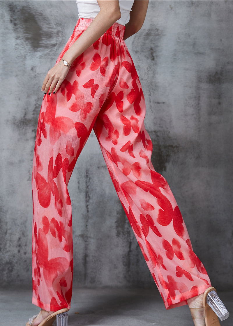 Red Print Silk Straight Pants Summer