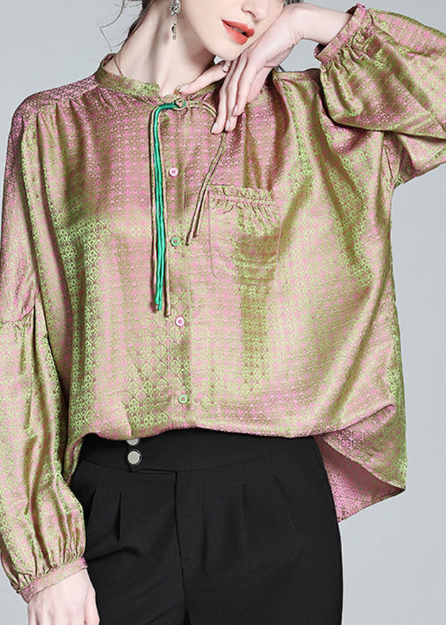 Pink Green Stand Collar Print Button Slik Shirts Lantern Sleeve