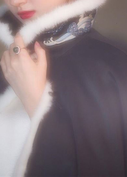 Black Faux Fur Collar Embroideried Button Silk Coats Long Sleeve