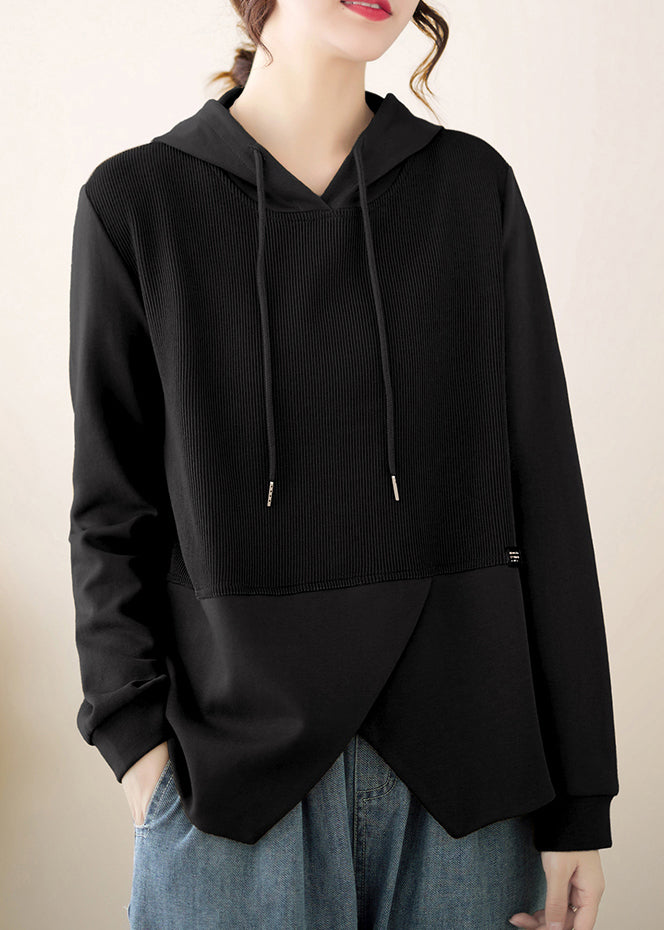 Black Patchwork Cotton Hooded Pullover Asymmetrical Fall