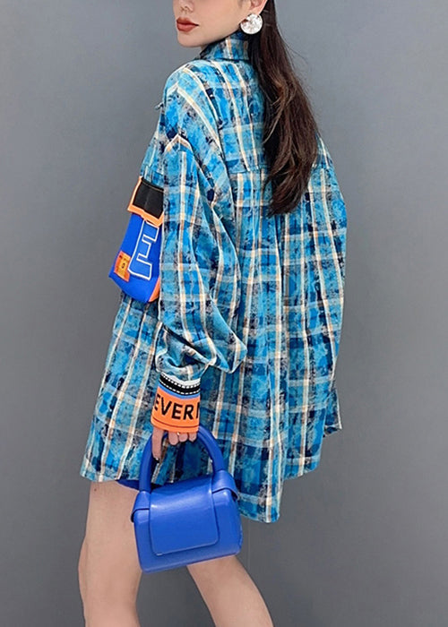 Blue Plaid Button Patchwork Cotton Blouses Long Sleeve