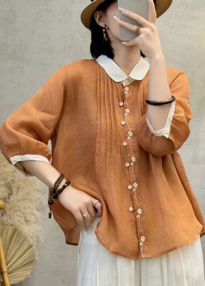 Orange Embroidered Patchwork Wrinkled Linen Blouses Bracelet Sleeve