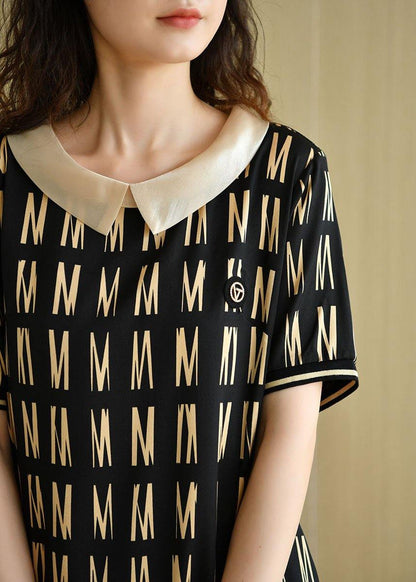 Classy Black Peter Pan Collar Graphic Patchwork Summer Maxi Dress Short Sleeve