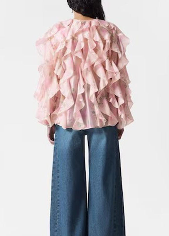 Pink Ruffled Patchwork Chiffon Shirt Tops Fall