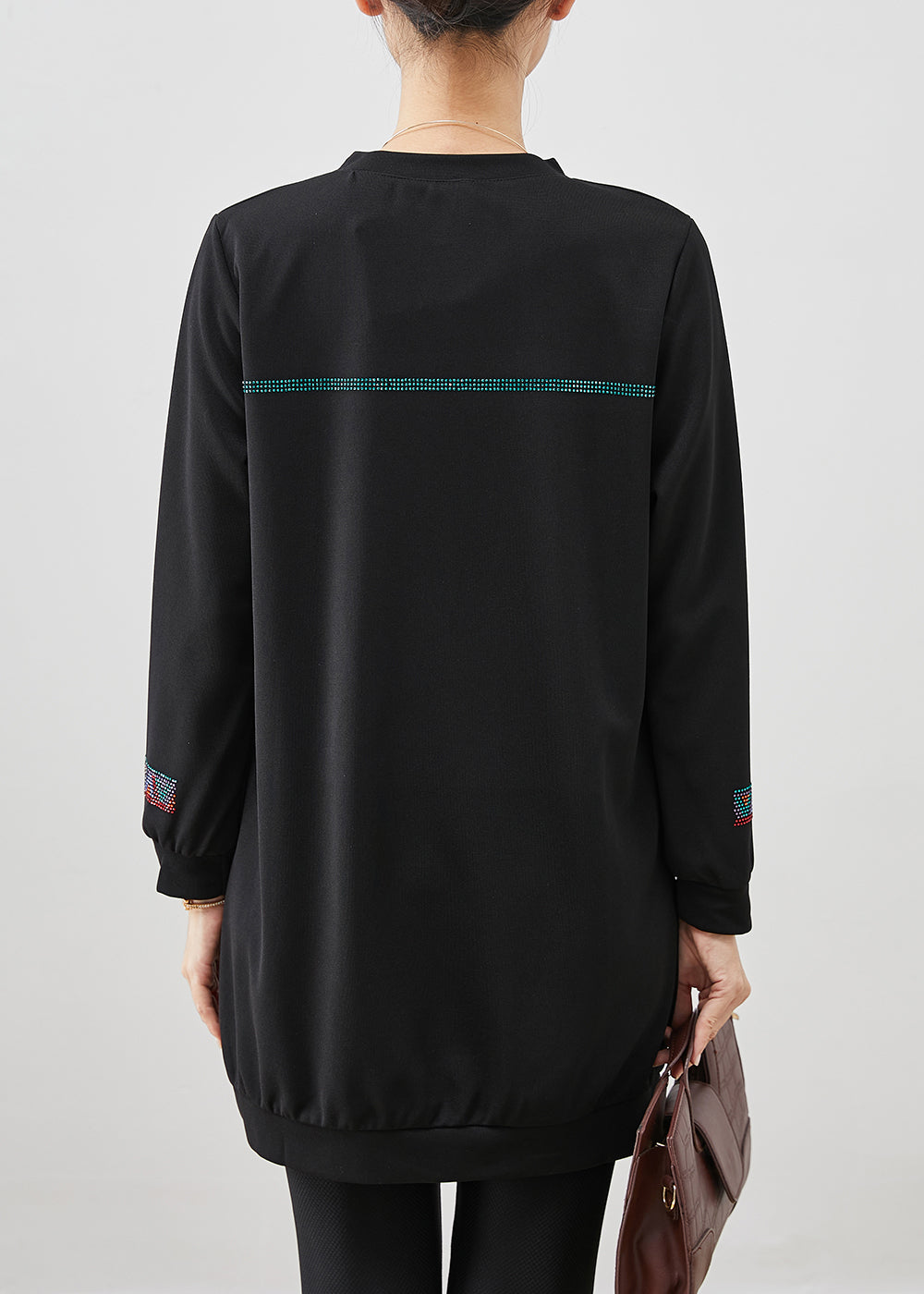 Black Oversized Zircon Cotton Sweatshirts Dress Fall