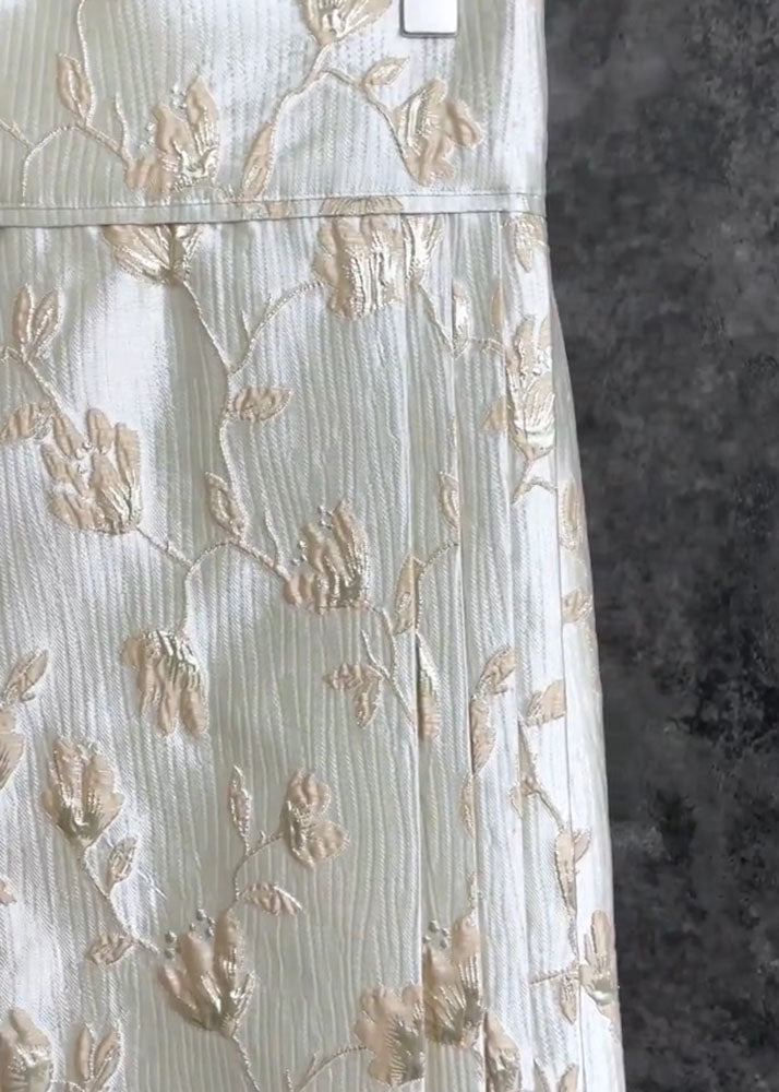 Chinese Style White Stand Collar Embroideried Shirts and Maxi Skirts Two Pieces Set Fall