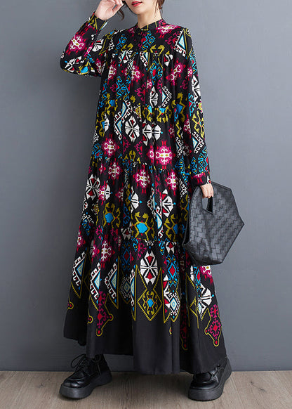 Oversized Black Stand Collar Print Wrinkled Chiffon Dresses Long Sleeve