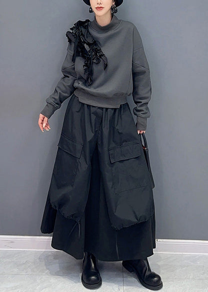 Stylish Grey Ruffled Sweatshirt and Black Skirts Cotton Two Piece Set Fall
