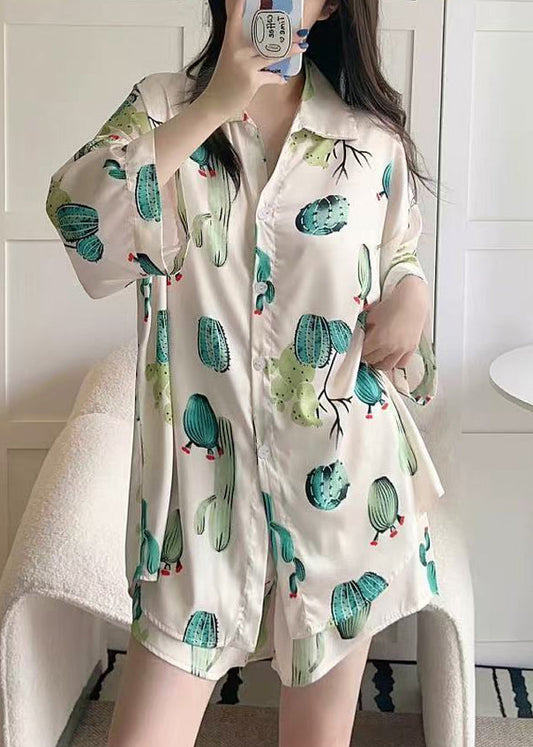 Beige Button Print Ice Silk Pajamas Two-piece Set Peter Pan Collar Spring
