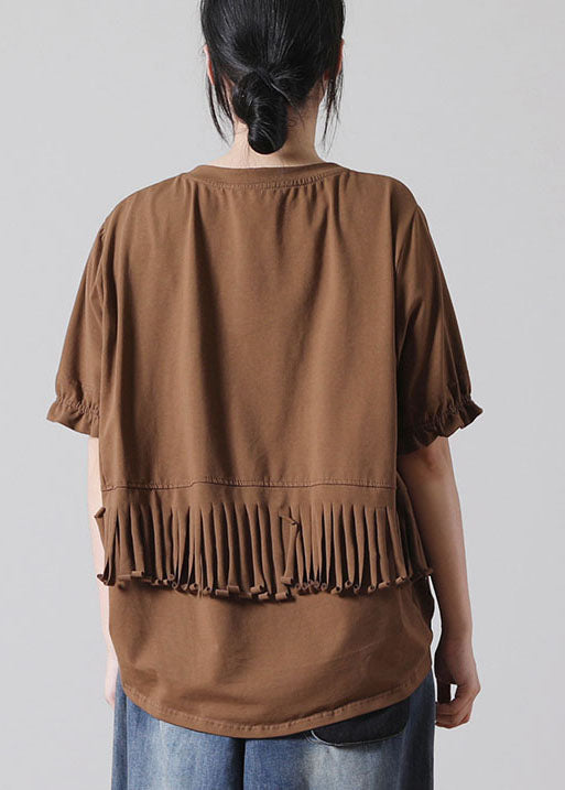Chocolate Patchwork Cotton Tank Tops O-neck Tassel Short Sleeve