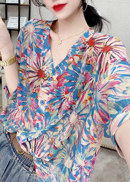 Blue V Neck Button Print Linen Shirts Top Half Sleeve