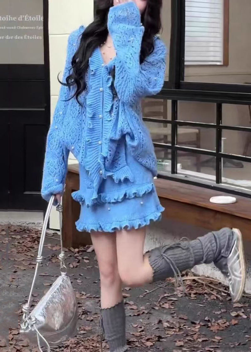 Blue Ruffled Nail Bead Knit Two Piece Set Winter