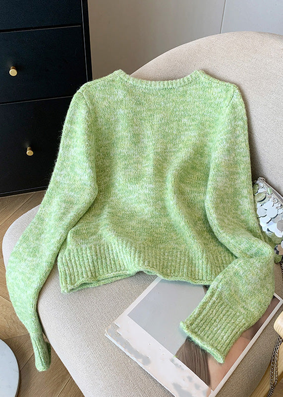Fitted Green O-neck Button Cozy Cotton Knit Cardigan Winter