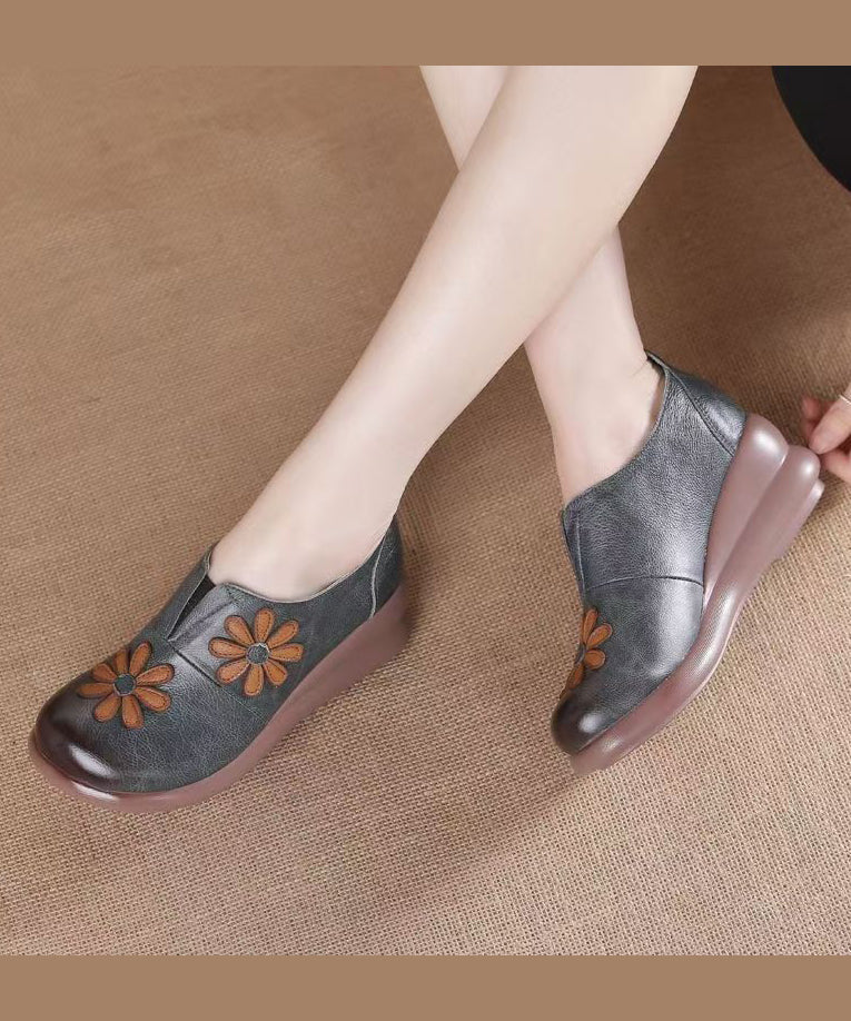 Brown Cowhide Leather Wedge Heels Shoes Splicing