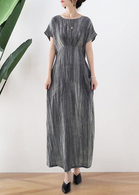 Grey Tie Dye Long Dresses Tie Waist Short Sleeve