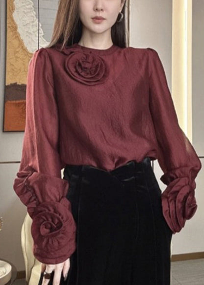 French Mulberry O-neck Silk Velour Top Spring