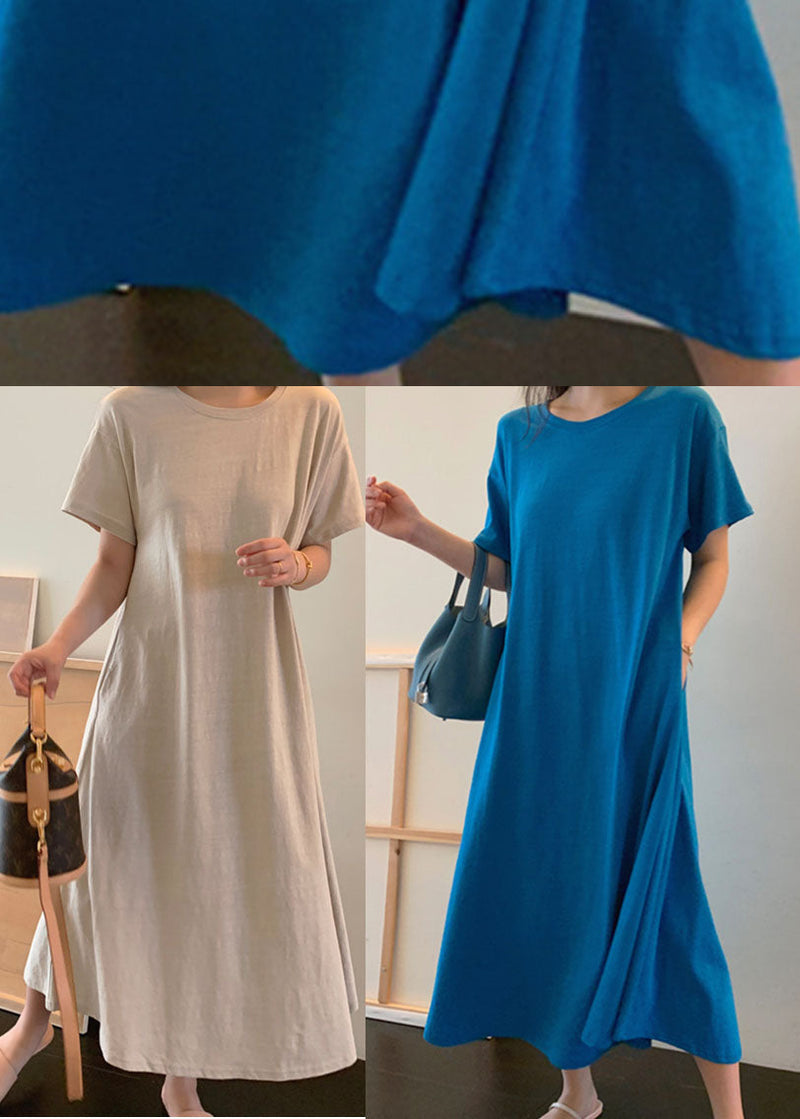 Blue Pockets Cotton Long Dress Short Sleeve