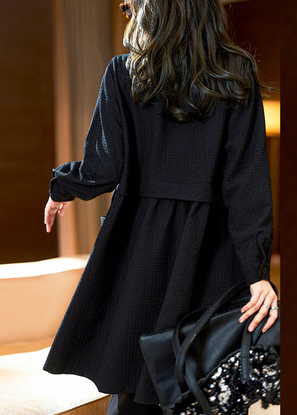 Coffee Peter Pan Collar Pockets Plaid Patchwork Long Coats Long Sleeve