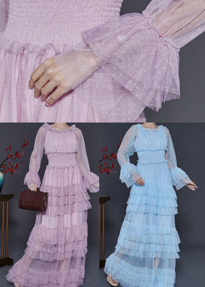 Blue Elastic Waist Patchwork Tulle Party Dress Fall