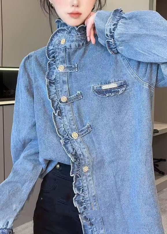 Blue Ruffled Button Patchwork Cotton Shirt Top Fall