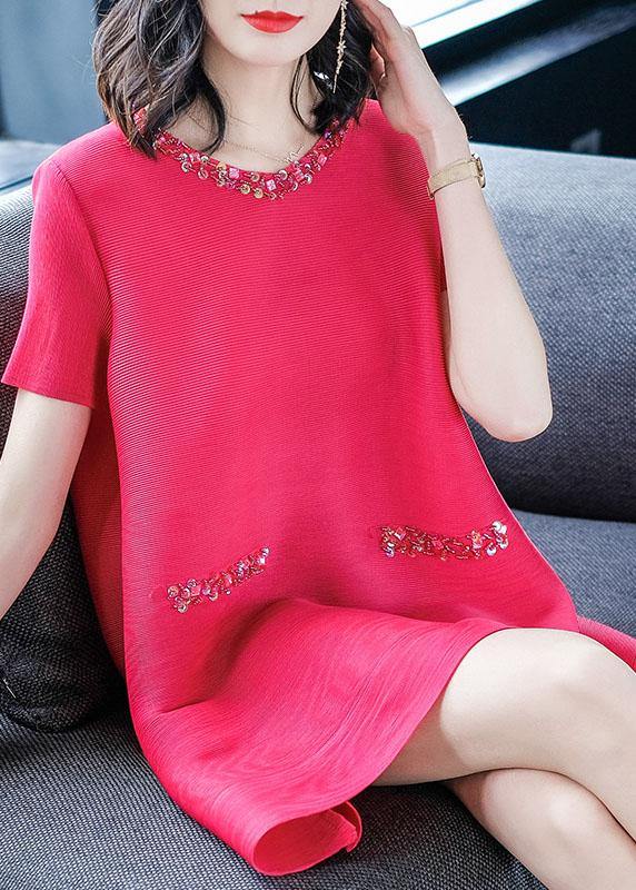 Fine Rose O-neck Nail Bead Summer Mid Dress