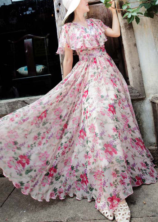 Pink V Neck Print Chiffon Exra Large Hem Dress Summer